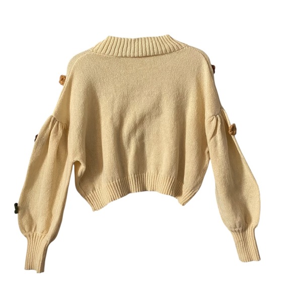 Storia Anthropologie Cream Knit Sweater Flower Applique Balloon Sleeve Women Sm - Picture 2 of 4